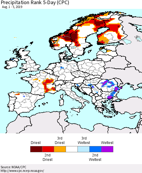 Europe Precipitation Rank 5-Day (CPC) Thematic Map For 8/1/2019 - 8/5/2019