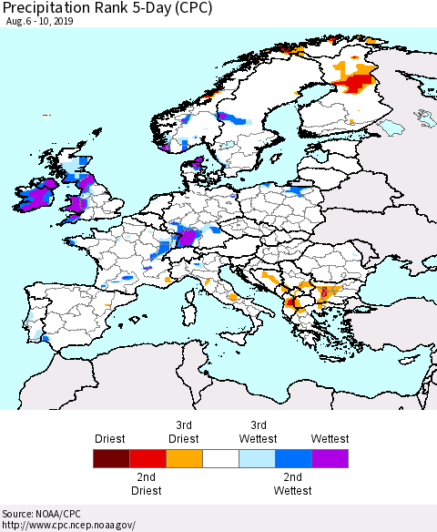 Europe Precipitation Rank since 1981, 5-Day (CPC) Thematic Map For 8/6/2019 - 8/10/2019