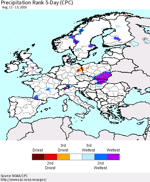 Europe Precipitation Rank 5-Day (CPC) Thematic Map For 8/11/2019 - 8/15/2019