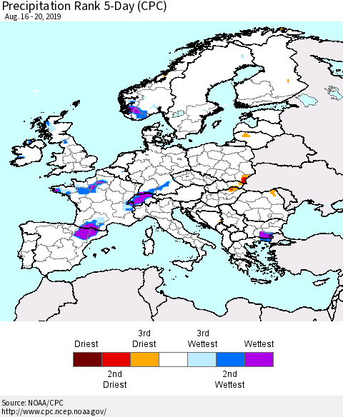 Europe Precipitation Rank since 1981, 5-Day (CPC) Thematic Map For 8/16/2019 - 8/20/2019