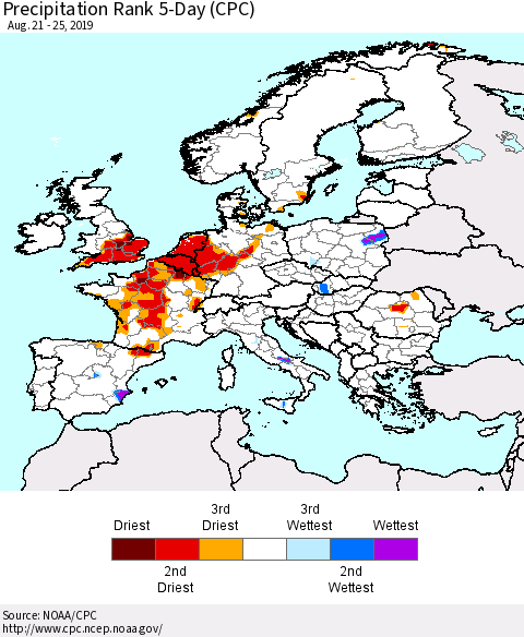 Europe Precipitation Rank 5-Day (CPC) Thematic Map For 8/21/2019 - 8/25/2019