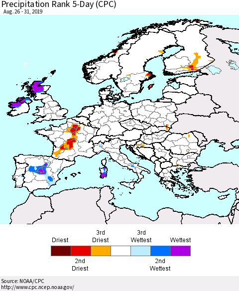 Europe Precipitation Rank since 1981, 5-Day (CPC) Thematic Map For 8/26/2019 - 8/31/2019