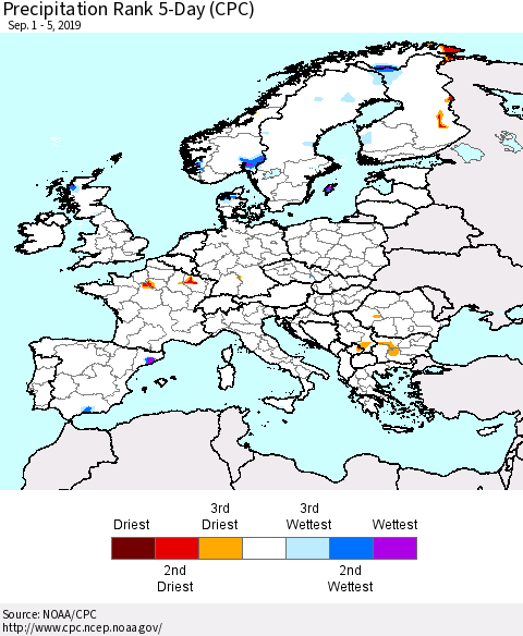 Europe Precipitation Rank 5-Day (CPC) Thematic Map For 9/1/2019 - 9/5/2019