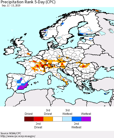 Europe Precipitation Rank 5-Day (CPC) Thematic Map For 9/11/2019 - 9/15/2019