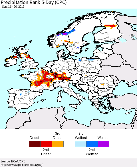 Europe Precipitation Rank 5-Day (CPC) Thematic Map For 9/16/2019 - 9/20/2019
