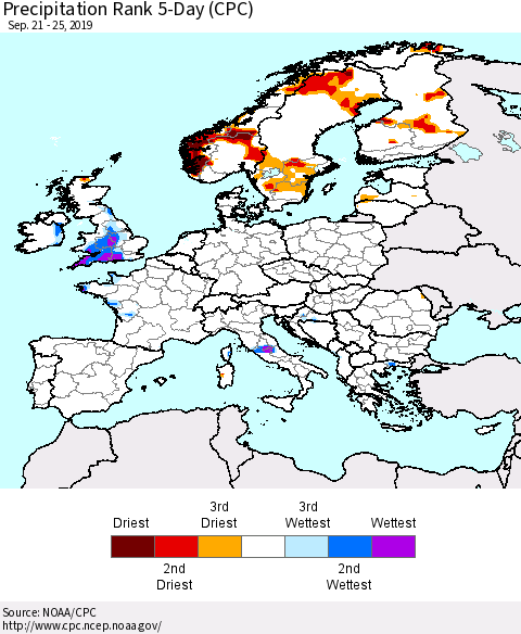 Europe Precipitation Rank 5-Day (CPC) Thematic Map For 9/21/2019 - 9/25/2019