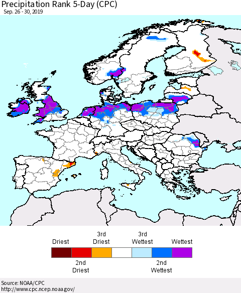 Europe Precipitation Rank since 1981, 5-Day (CPC) Thematic Map For 9/26/2019 - 9/30/2019