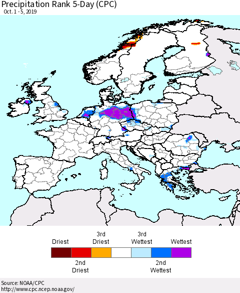 Europe Precipitation Rank 5-Day (CPC) Thematic Map For 10/1/2019 - 10/5/2019