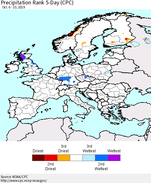 Europe Precipitation Rank 5-Day (CPC) Thematic Map For 10/6/2019 - 10/10/2019