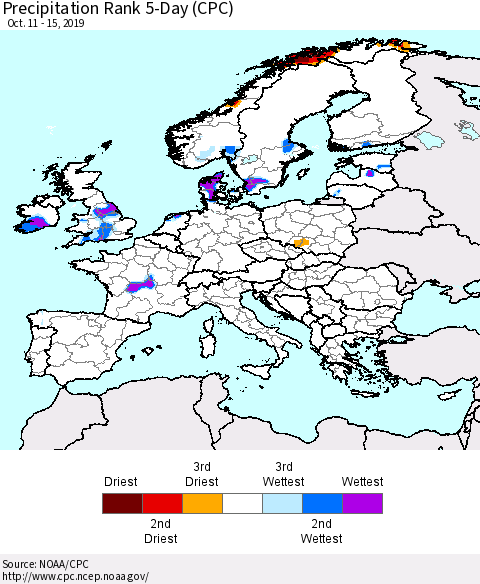 Europe Precipitation Rank 5-Day (CPC) Thematic Map For 10/11/2019 - 10/15/2019