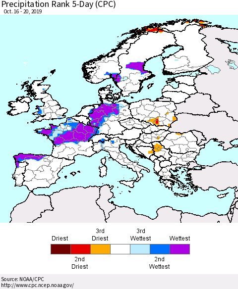 Europe Precipitation Rank 5-Day (CPC) Thematic Map For 10/16/2019 - 10/20/2019