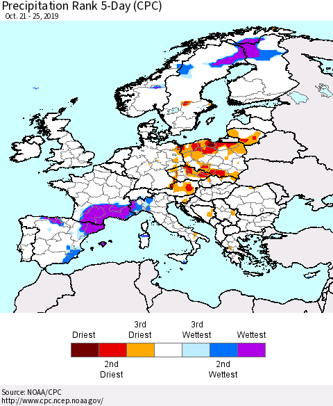 Europe Precipitation Rank 5-Day (CPC) Thematic Map For 10/21/2019 - 10/25/2019