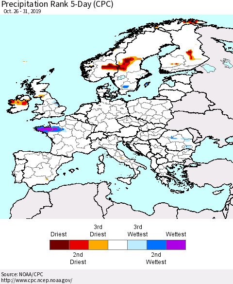 Europe Precipitation Rank since 1981, 5-Day (CPC) Thematic Map For 10/26/2019 - 10/31/2019