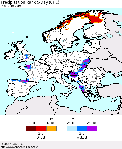 Europe Precipitation Rank since 1981, 5-Day (CPC) Thematic Map For 11/6/2019 - 11/10/2019