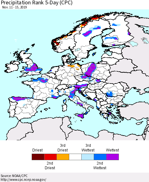 Europe Precipitation Rank since 1981, 5-Day (CPC) Thematic Map For 11/11/2019 - 11/15/2019