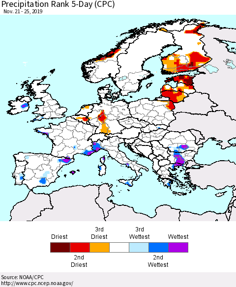 Europe Precipitation Rank 5-Day (CPC) Thematic Map For 11/21/2019 - 11/25/2019
