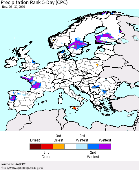 Europe Precipitation Rank 5-Day (CPC) Thematic Map For 11/26/2019 - 11/30/2019
