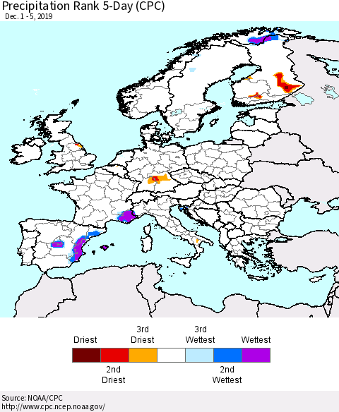 Europe Precipitation Rank since 1981, 5-Day (CPC) Thematic Map For 12/1/2019 - 12/5/2019
