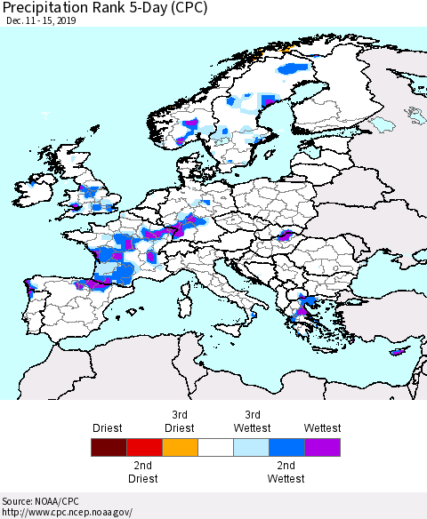 Europe Precipitation Rank 5-Day (CPC) Thematic Map For 12/11/2019 - 12/15/2019