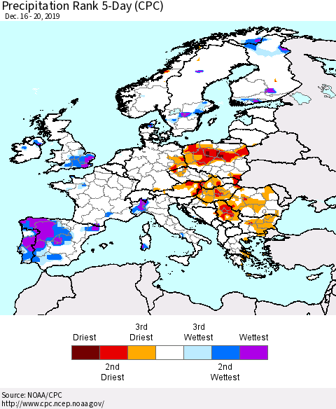 Europe Precipitation Rank 5-Day (CPC) Thematic Map For 12/16/2019 - 12/20/2019