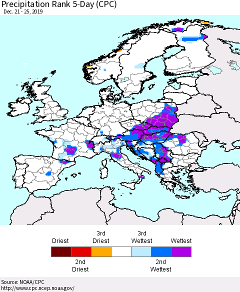 Europe Precipitation Rank since 1981, 5-Day (CPC) Thematic Map For 12/21/2019 - 12/25/2019