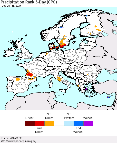 Europe Precipitation Rank 5-Day (CPC) Thematic Map For 12/26/2019 - 12/31/2019