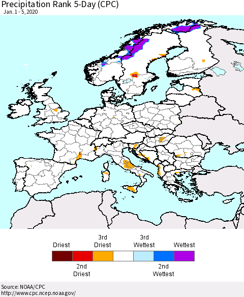 Europe Precipitation Rank 5-Day (CPC) Thematic Map For 1/1/2020 - 1/5/2020
