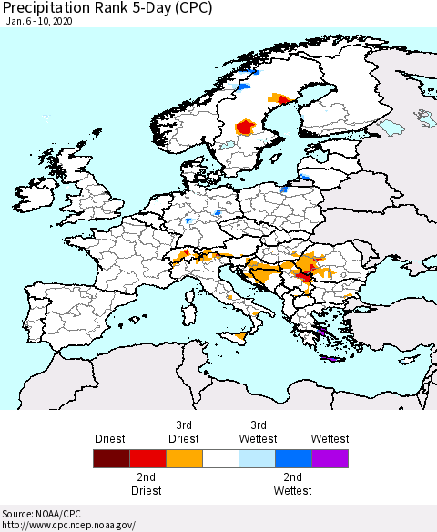 Europe Precipitation Rank 5-Day (CPC) Thematic Map For 1/6/2020 - 1/10/2020