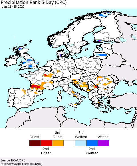 Europe Precipitation Rank 5-Day (CPC) Thematic Map For 1/11/2020 - 1/15/2020