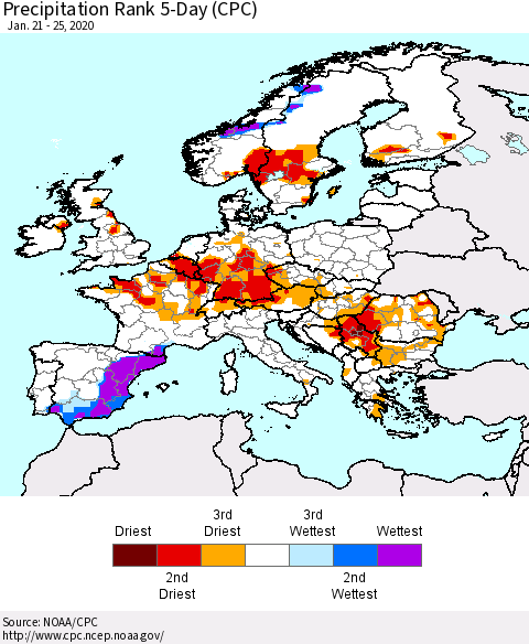 Europe Precipitation Rank 5-Day (CPC) Thematic Map For 1/21/2020 - 1/25/2020