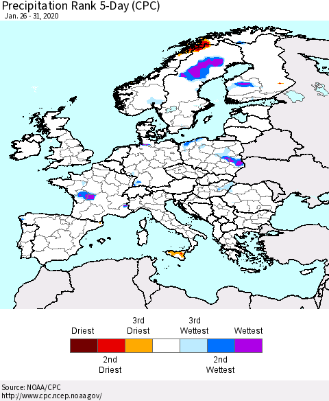 Europe Precipitation Rank 5-Day (CPC) Thematic Map For 1/26/2020 - 1/31/2020