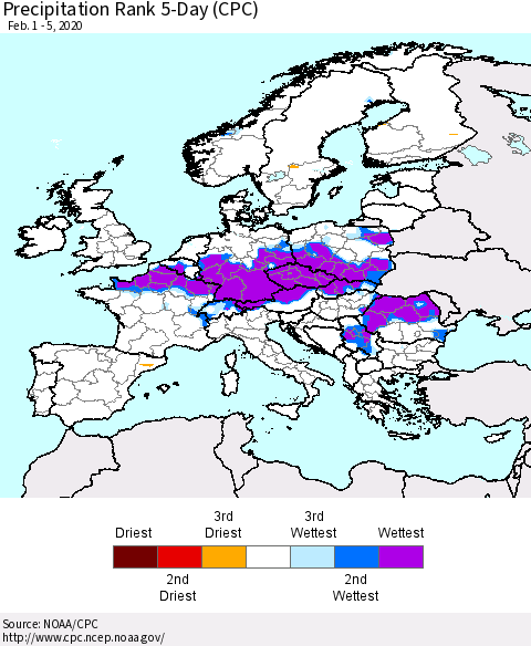 Europe Precipitation Rank since 1981, 5-Day (CPC) Thematic Map For 2/1/2020 - 2/5/2020