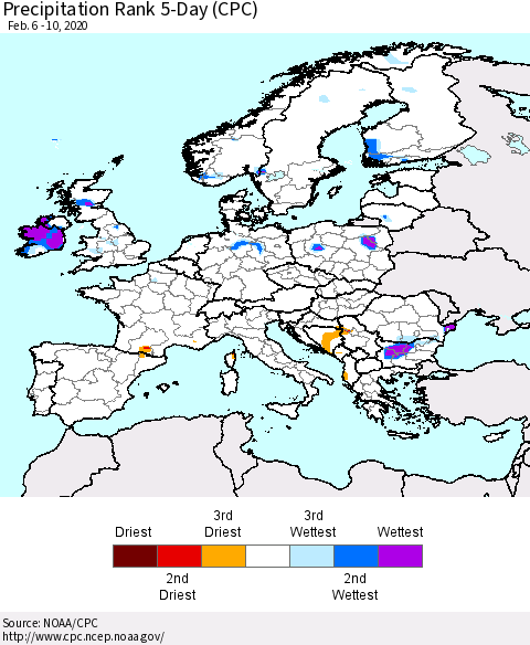 Europe Precipitation Rank since 1981, 5-Day (CPC) Thematic Map For 2/6/2020 - 2/10/2020