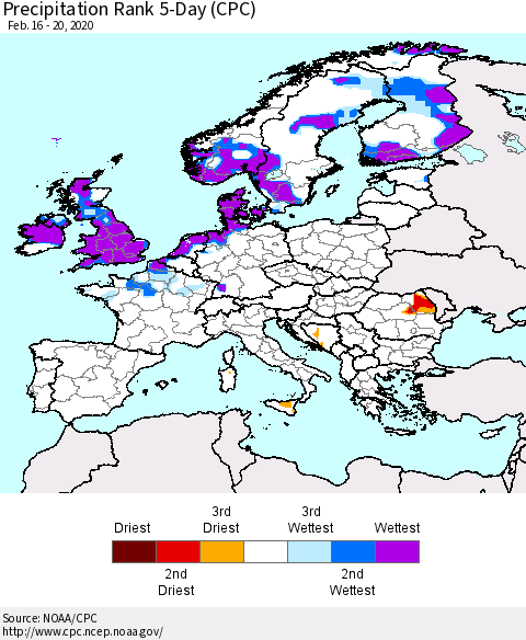 Europe Precipitation Rank since 1981, 5-Day (CPC) Thematic Map For 2/16/2020 - 2/20/2020