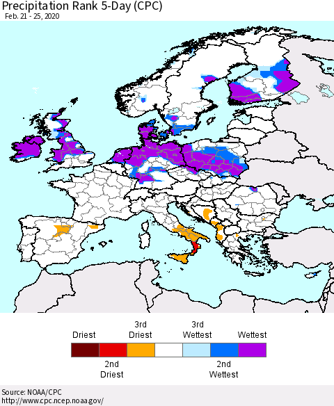 Europe Precipitation Rank since 1981, 5-Day (CPC) Thematic Map For 2/21/2020 - 2/25/2020