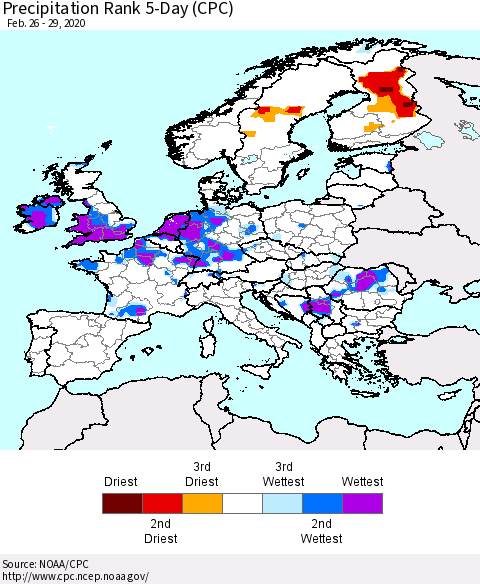 Europe Precipitation Rank 5-Day (CPC) Thematic Map For 2/26/2020 - 2/29/2020