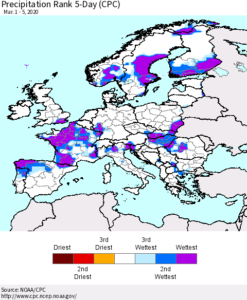 Europe Precipitation Rank 5-Day (CPC) Thematic Map For 3/1/2020 - 3/5/2020