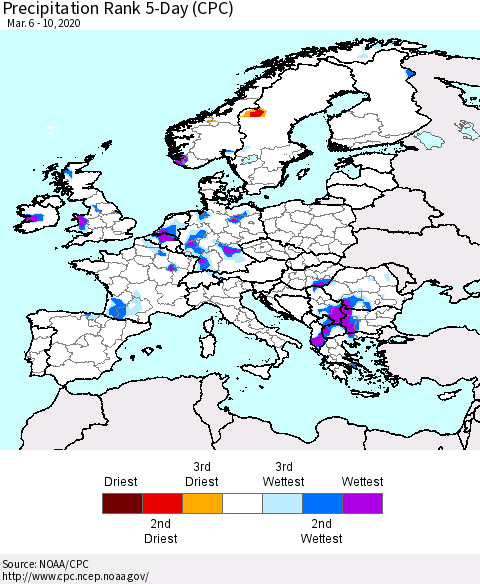 Europe Precipitation Rank since 1981, 5-Day (CPC) Thematic Map For 3/6/2020 - 3/10/2020