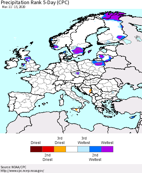 Europe Precipitation Rank since 1981, 5-Day (CPC) Thematic Map For 3/11/2020 - 3/15/2020
