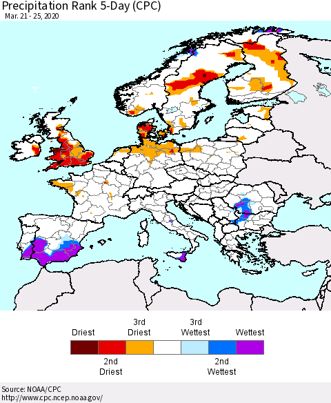Europe Precipitation Rank 5-Day (CPC) Thematic Map For 3/21/2020 - 3/25/2020