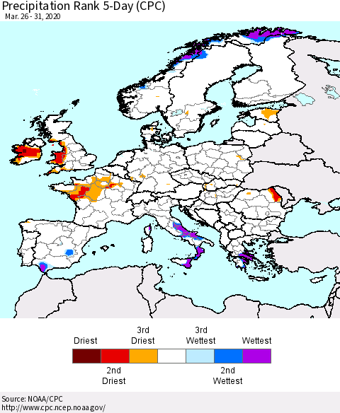 Europe Precipitation Rank 5-Day (CPC) Thematic Map For 3/26/2020 - 3/31/2020