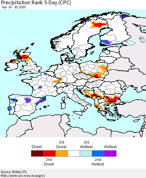 Europe Precipitation Rank 5-Day (CPC) Thematic Map For 4/16/2020 - 4/20/2020
