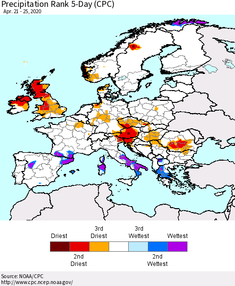 Europe Precipitation Rank 5-Day (CPC) Thematic Map For 4/21/2020 - 4/25/2020