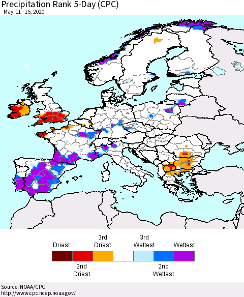 Europe Precipitation Rank 5-Day (CPC) Thematic Map For 5/11/2020 - 5/15/2020