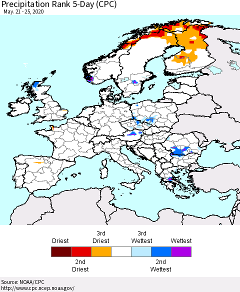 Europe Precipitation Rank 5-Day (CPC) Thematic Map For 5/21/2020 - 5/25/2020