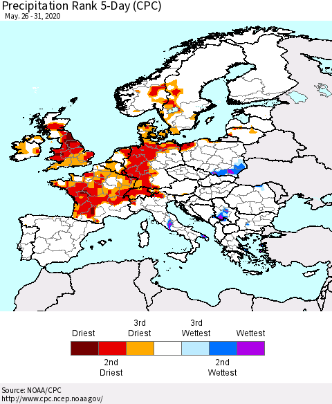 Europe Precipitation Rank since 1981, 5-Day (CPC) Thematic Map For 5/26/2020 - 5/31/2020
