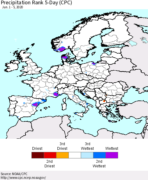 Europe Precipitation Rank since 1981, 5-Day (CPC) Thematic Map For 6/1/2020 - 6/5/2020