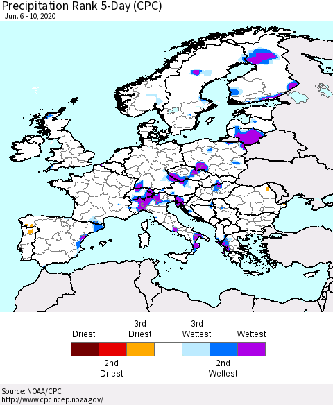 Europe Precipitation Rank 5-Day (CPC) Thematic Map For 6/6/2020 - 6/10/2020