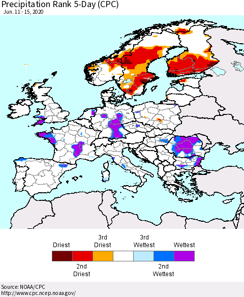Europe Precipitation Rank 5-Day (CPC) Thematic Map For 6/11/2020 - 6/15/2020