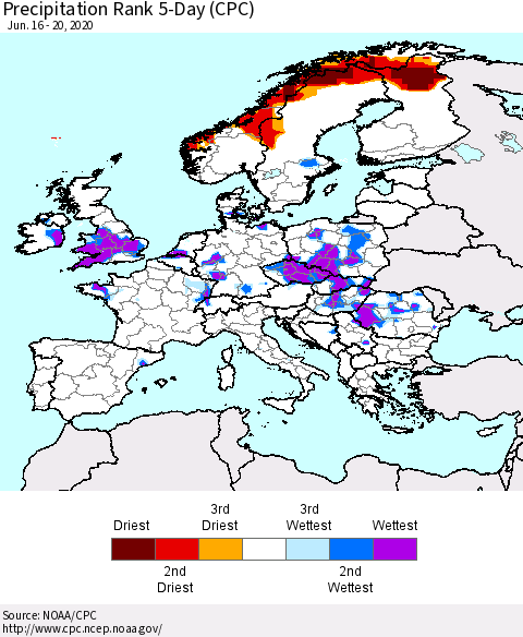 Europe Precipitation Rank since 1981, 5-Day (CPC) Thematic Map For 6/16/2020 - 6/20/2020